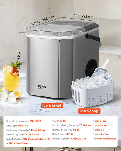 Countertop Ice Maker, 9 Cubes Ready in 6 Mins, 26lbs in 24Hrs, Self-Cleaning Portable Ice Maker with Ice Scoop and Basket, Ice Machine with 2 Sizes Bullet Ice for Home Kitchen Office Bar Party