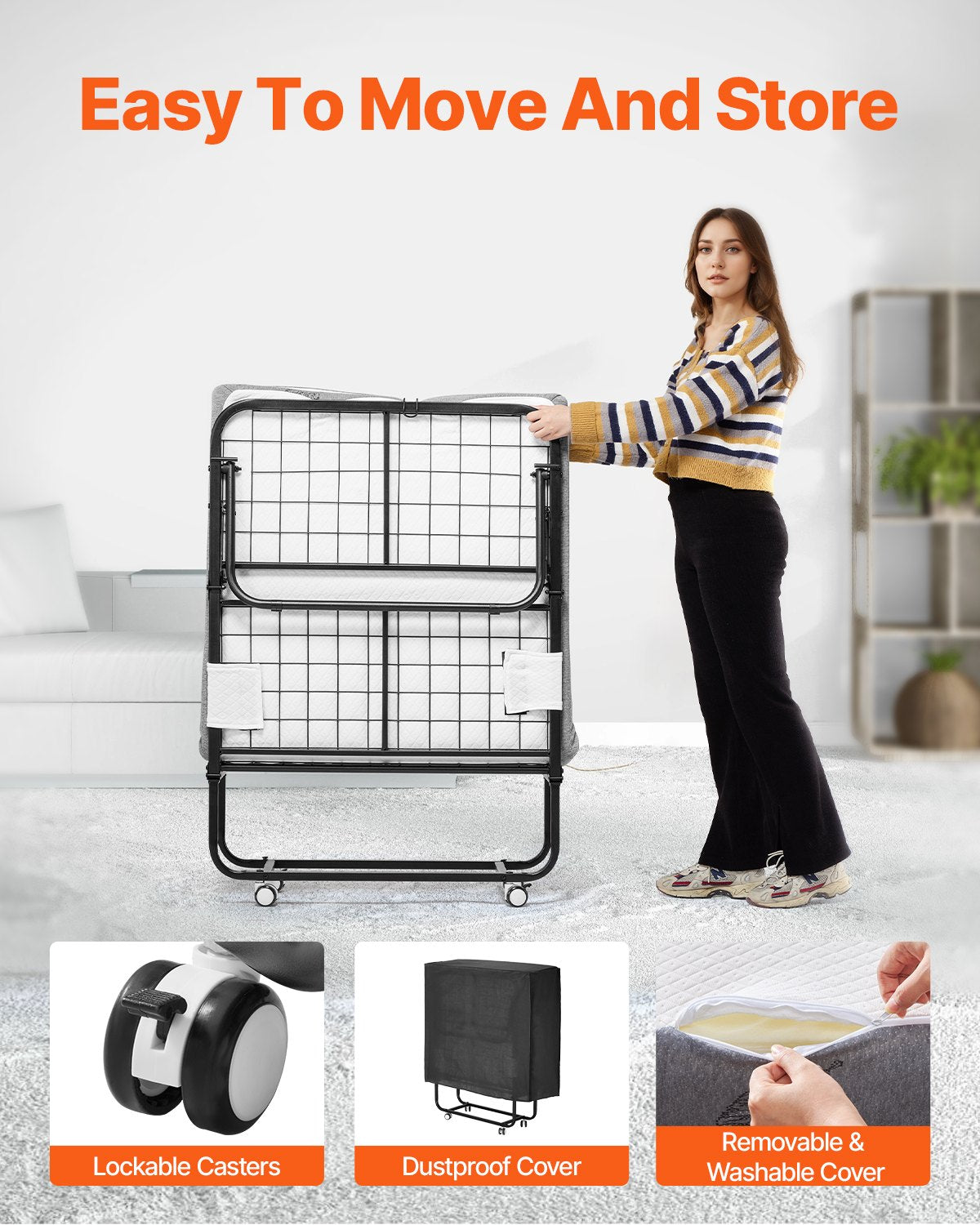 Rollaway Bed, 31 in x 75 in Folding Bed with 4 in Mattress, Twin Size Foldable Bed with Sturdy Metal Frame & Memory Foam Mattress, Portable Twin Roll Away Bed with Mattress, for Adults, Guest