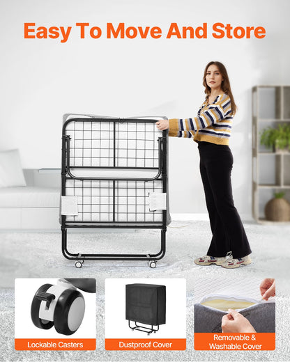 Rollaway Bed, 31 in x 75 in Folding Bed with 4 in Mattress, Twin Size Foldable Bed with Sturdy Metal Frame & Memory Foam Mattress, Portable Twin Roll Away Bed with Mattress, for Adults, Guest