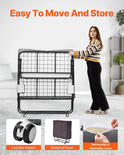Rollaway Bed, 38 in x 75 in Folding Bed with 4 in Mattress, Twin Size Foldable Bed with Sturdy Metal Frame & Memory Foam Mattress, Portable Twin Roll Away Bed with Mattress, for Adults, Guest