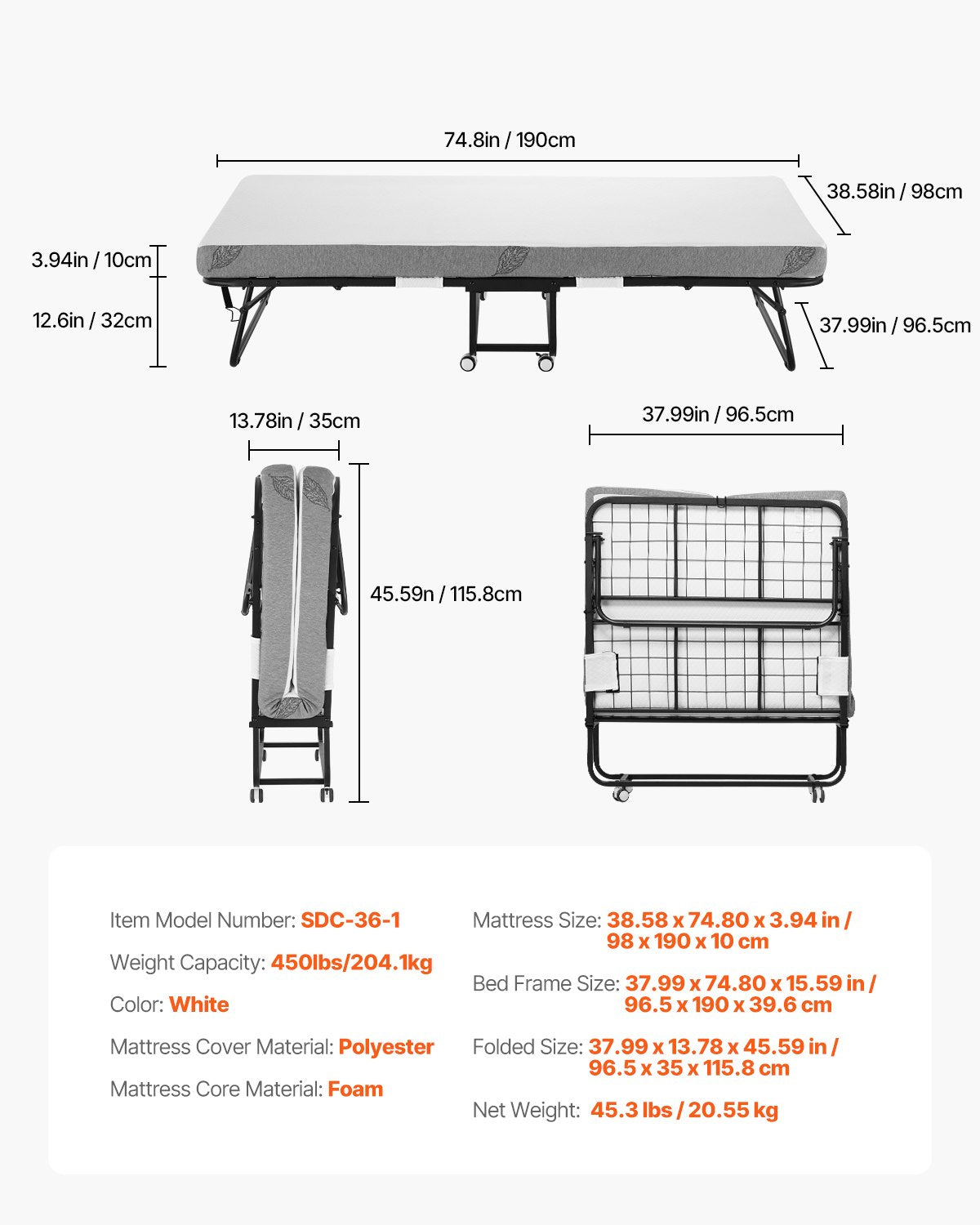 Rollaway Bed, 38 in x 75 in Folding Bed with 4 in Mattress, Twin Size Foldable Bed with Sturdy Metal Frame & Memory Foam Mattress, Portable Twin Roll Away Bed with Mattress, for Adults, Guest