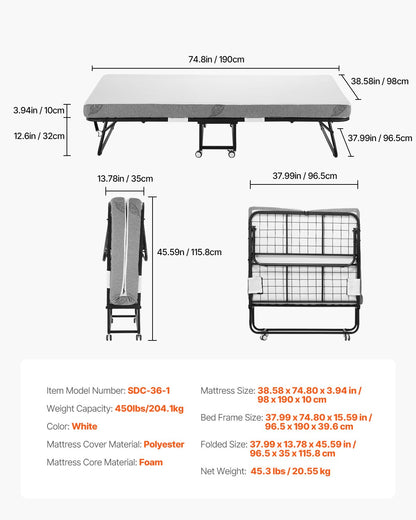Rollaway Bed, 38 in x 75 in Folding Bed with 4 in Mattress, Twin Size Foldable Bed with Sturdy Metal Frame & Memory Foam Mattress, Portable Twin Roll Away Bed with Mattress, for Adults, Guest