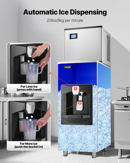 Ice Dispenser, Ice Storage Bin with 180 Lbs Storage Capacity, 20 Lbs/Min Automatic Ice Dispensing with Crusher, Height Adjustable Feet, for Commercial Ice Maker Machine, Restaurant and Hotel