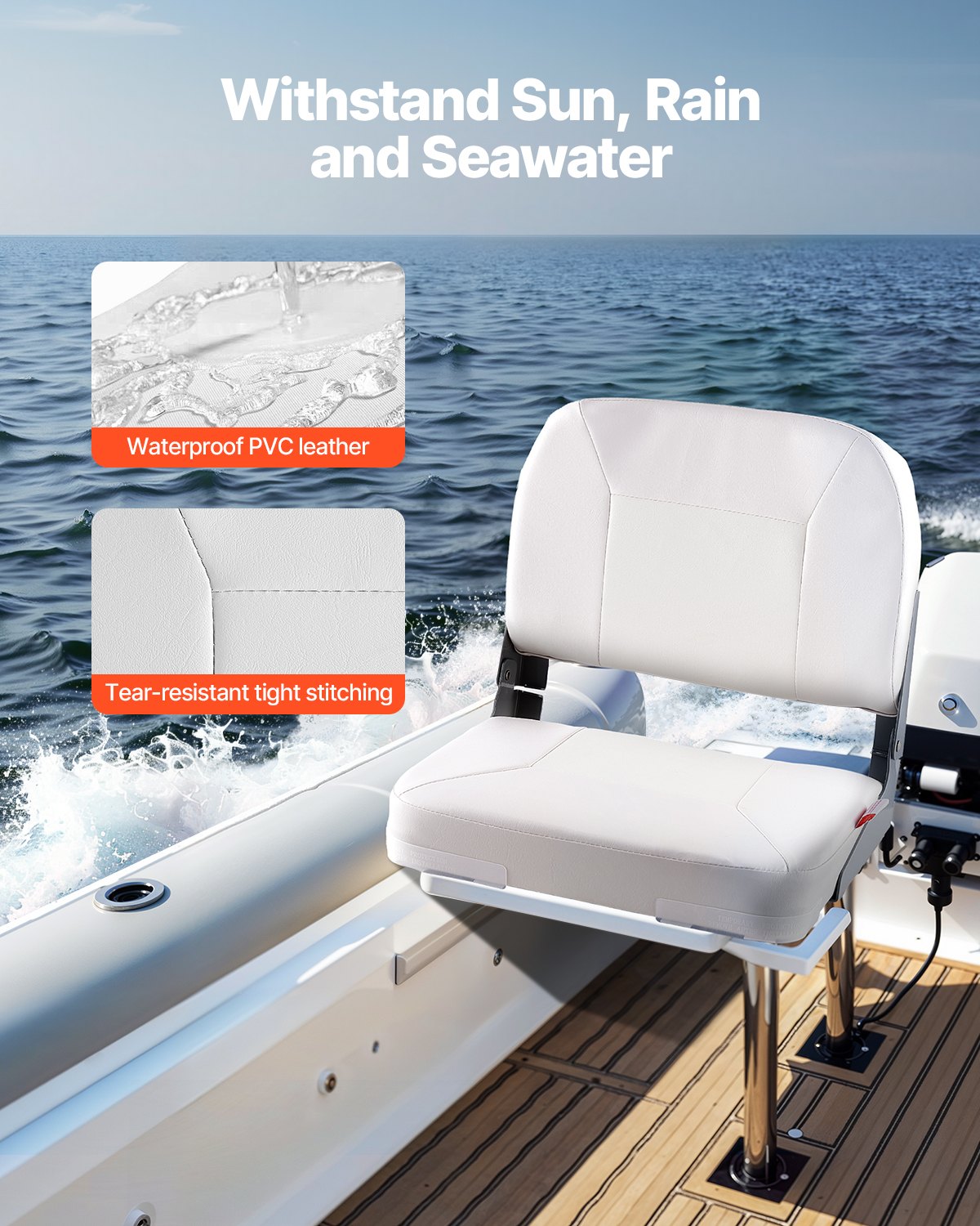 Båtsäte, lågt ryggstöd, hopfällbart fiskebåtsäte med förtjockad svampdyna och vattentätt PVC-läder, gångjärn i aluminiumlegering, uppfällbart båtsäte för fiskebåtar, yachter, fartyg, vit