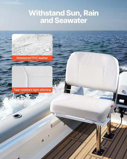 Båtsäte, lågt ryggstöd, hopfällbart fiskebåtsäte med förtjockad svampdyna och vattentätt PVC-läder, gångjärn i aluminiumlegering, uppfällbart båtsäte för fiskebåtar, yachter, fartyg, vit