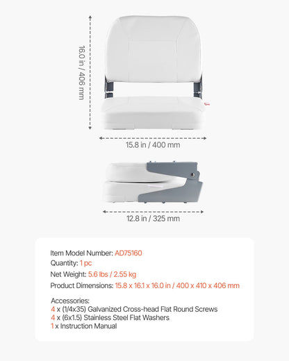 Båtsäte, lågt ryggstöd, hopfällbart fiskebåtsäte med förtjockad svampdyna och vattentätt PVC-läder, gångjärn i aluminiumlegering, uppfällbart båtsäte för fiskebåtar, yachter, fartyg, vit