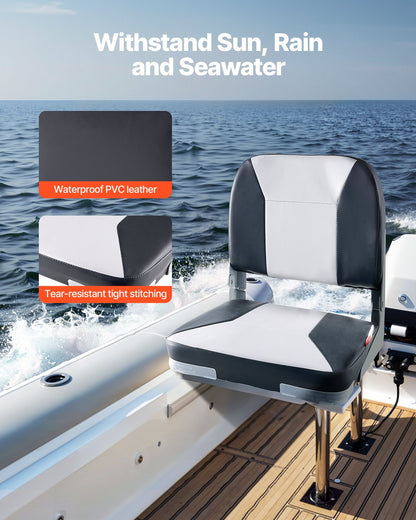 Båtsäte, lågt ryggstöd, hopfällbart fiskebåtsäte med förtjockad svampdyna och vattentätt PVC-läder, gångjärn i aluminiumlegering, uppfällbart båtsäte för fiskebåtar, yachter, fartyg, svart och grått