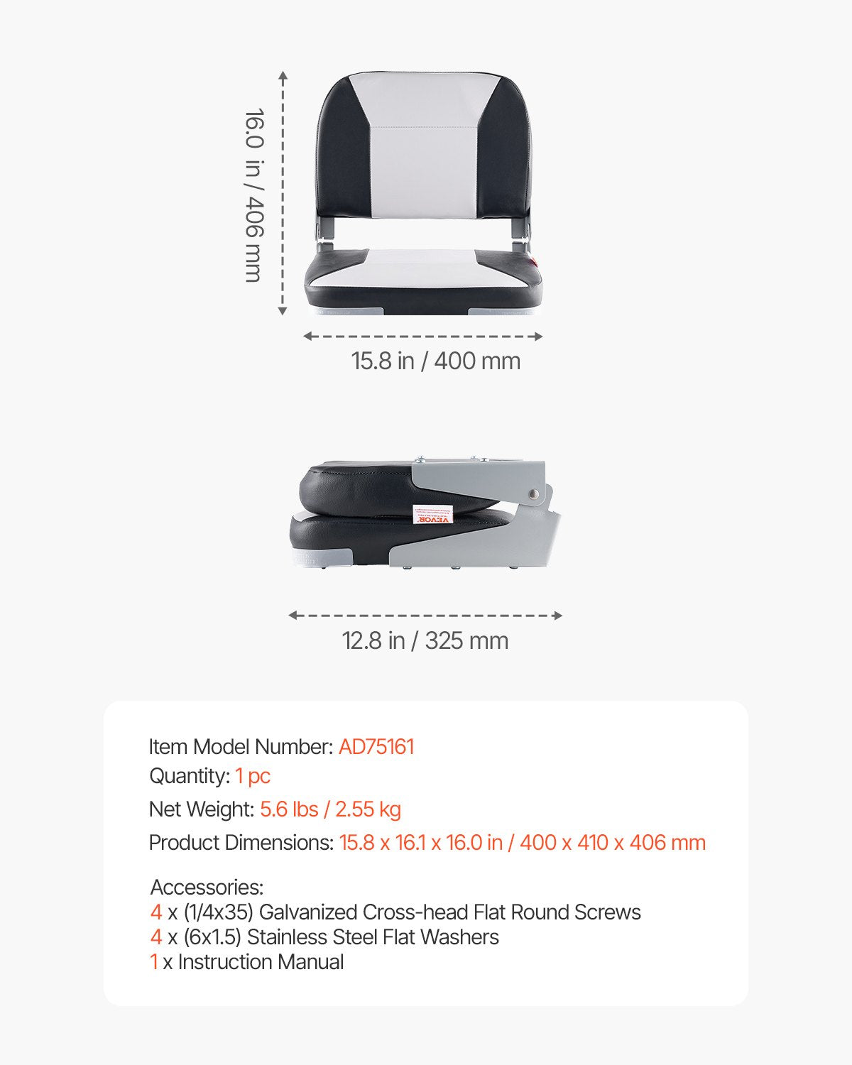 Båtsäte, lågt ryggstöd, hopfällbart fiskebåtsäte med förtjockad svampdyna och vattentätt PVC-läder, gångjärn i aluminiumlegering, uppfällbart båtsäte för fiskebåtar, yachter, fartyg, svart och grått