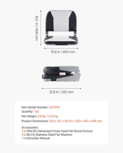 Båtsäte, lågt ryggstöd, hopfällbart fiskebåtsäte med förtjockad svampdyna och vattentätt PVC-läder, gångjärn i aluminiumlegering, uppfällbart båtsäte för fiskebåtar, yachter, fartyg, svart och grått