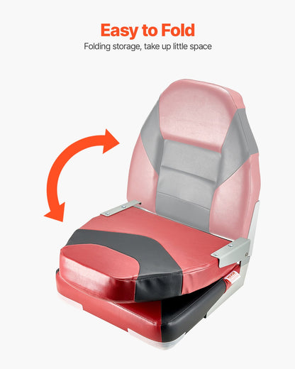 Båtsäte, högt ryggstöd, hopfällbart fiskebåtsäte med förtjockad svampdyna och vattentätt PVC-läder, gångjärn i aluminiumlegering, uppfällbart båtsäte för båtar, yachter, fartyg, svart och rött