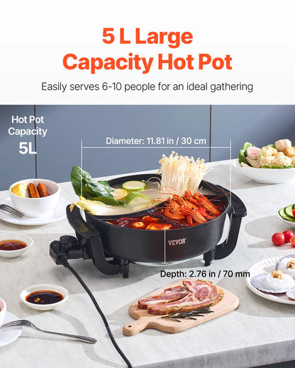 Electric Hot Pot, 1360W 5 L Double-flavor Shabu Shabu Pot, Non-Stick Electric Cooker with Divider, Clear Glass Lid, Temperature control, Chinese Hotpot for 6-10 People Family Dinning & Party