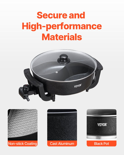 Electric Hot Pot, 1360W 5 L Double-flavor Shabu Shabu Pot, Non-Stick Electric Cooker with Divider, Clear Glass Lid, Temperature control, Chinese Hotpot for 6-10 People Family Dinning & Party