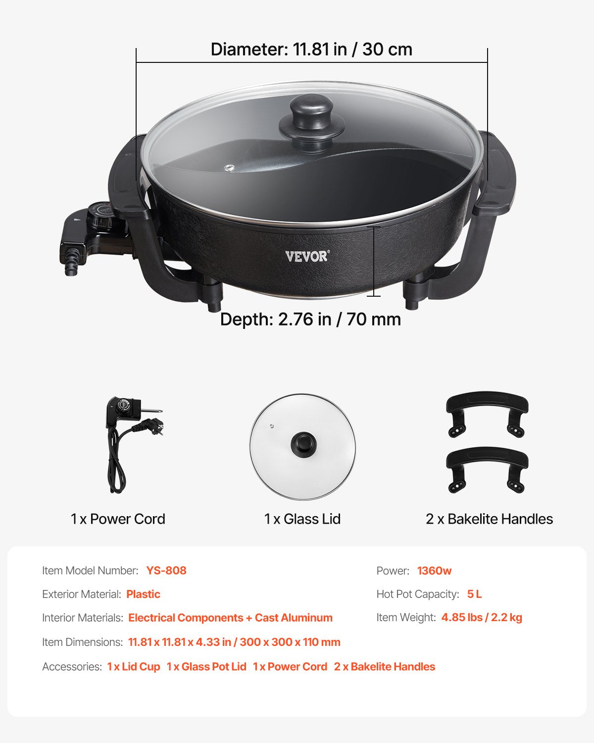 Electric Hot Pot, 1360W 5 L Double-flavor Shabu Shabu Pot, Non-Stick Electric Cooker with Divider, Clear Glass Lid, Temperature control, Chinese Hotpot for 6-10 People Family Dinning & Party