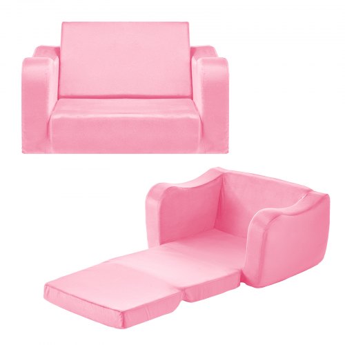 2-in-1 Kids Sofa, Foldable Toddler Soft Couch with Armrests, Made of 28D Sponge & Short Pile, Convertible Toddler Chair to Lounger, Kid Couch Fold Out for Fun Playtime or Comfy Lounging, M, Pink