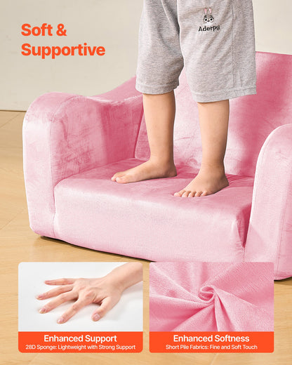 2-i-1 barnsoffa, hopfällbar mjuk soffa för småbarn med armstöd, tillverkad av 28D-svamp och kort lugg, konverterbar fåtölj till solsäng, utfällbar barnsoffa för rolig lek eller bekväm avkoppling, M, rosa
