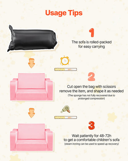 2-i-1 barnsoffa, hopfällbar mjuk soffa för småbarn med armstöd, tillverkad av 28D-svamp och kort lugg, konverterbar fåtölj till solsäng, utfällbar barnsoffa för rolig lek eller bekväm avkoppling, M, rosa