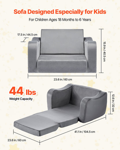 2-in-1 Kids Sofa, Foldable Toddler Soft Couch with Armrests, Made of 28D Sponge & Short Pile, Convertible Toddler Chair to Lounger, Kid Couch Fold Out for Fun Playtime or Comfy Lounging, M, Gray