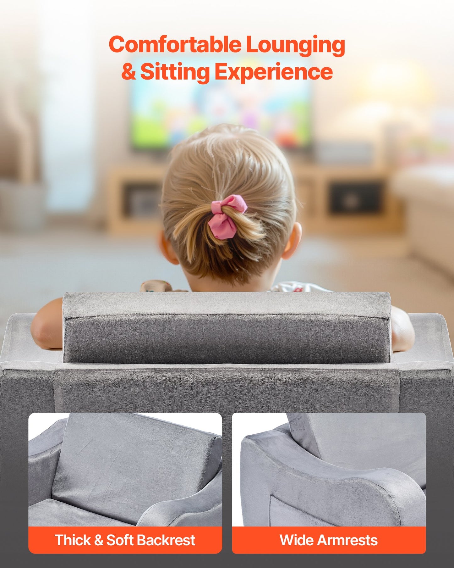 2-in-1 Kids Sofa, Foldable Toddler Soft Couch with Armrests, Made of 28D Sponge & Short Pile, Convertible Toddler Chair to Lounger, Kid Couch Fold Out for Fun Playtime or Comfy Lounging, M, Gray