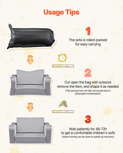 2-in-1 Kids Sofa, Foldable Toddler Soft Couch with Armrests, Made of 28D Sponge & Short Pile, Convertible Toddler Chair to Lounger, Kid Couch Fold Out for Fun Playtime or Comfy Lounging, M, Gray