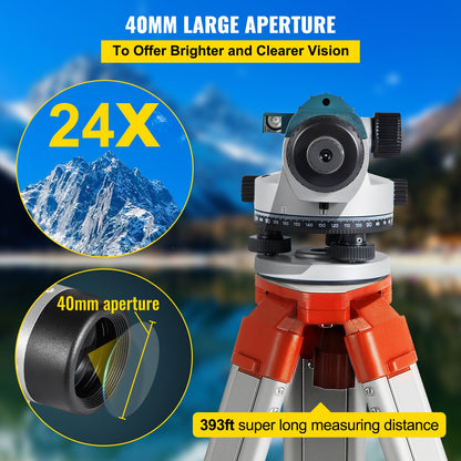 Automatic Optical Level, 24X, 40 mm Aperture Auto Level Kit with Magnetic Dampened Compensator and Transport Lock, Height Distance Angle Measuring Tool with Hard Plastic Case, IP54 Waterproof