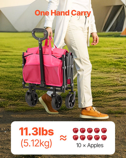 Hopfällbara vagnar, 120L och 225LB hopfällbara vagnar med terränghjul, kraftig utomhusvagn med justerbart handtag, bärbar campingvagn för strand, mataffär, trädgård, rosa och svart