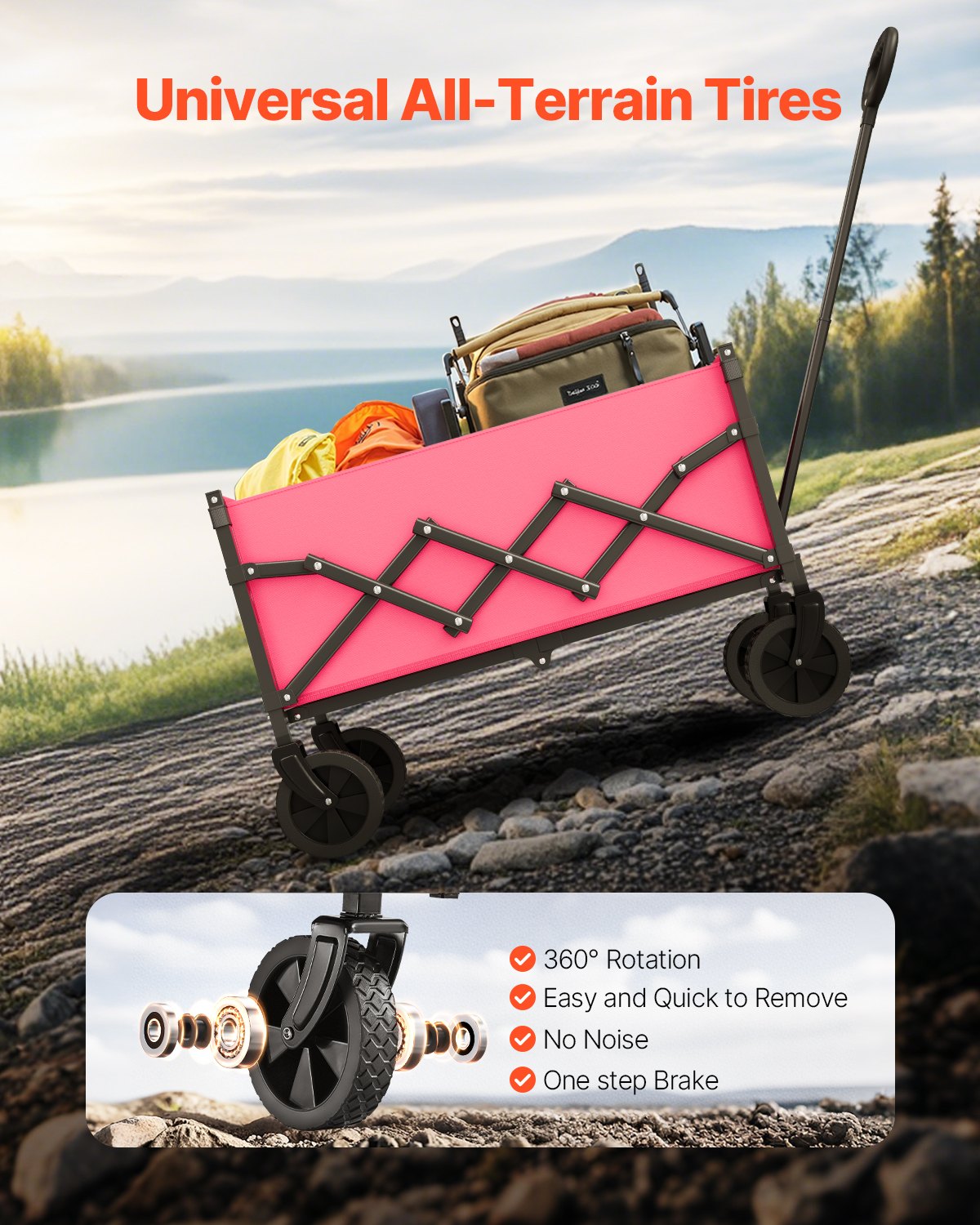Hopfällbara vagnar, 120L och 225LB hopfällbara vagnar med terränghjul, kraftig utomhusvagn med justerbart handtag, bärbar campingvagn för strand, mataffär, trädgård, rosa och svart