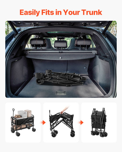 Double Decker Wagon Collapsible, 400L Heavy Duty Folding Wagon Cart, Extended Long Garden Cart with All-Terrain Wheels, Support Up to 450lbs, Outdoor Utility Wagon for Camping, Sports, Shopping