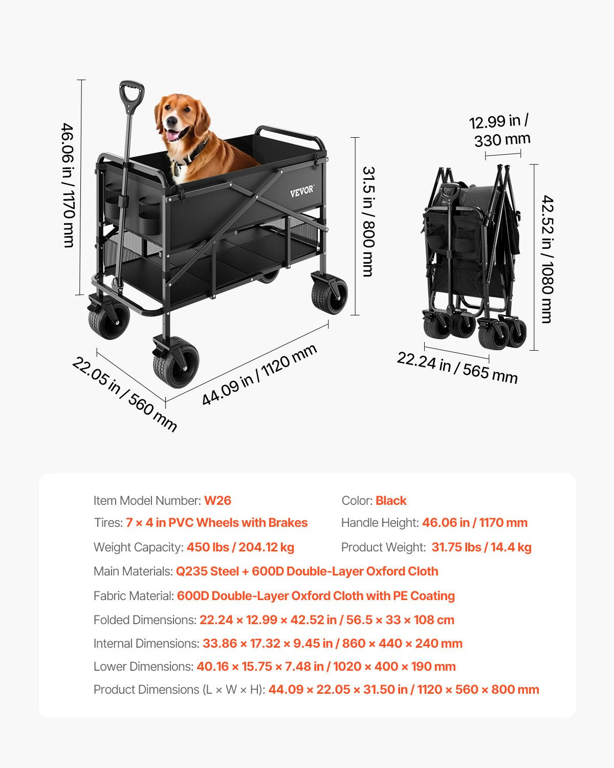 Double Decker Wagon Collapsible, 400L Heavy Duty Folding Wagon Cart, Extended Long Garden Cart with All-Terrain Wheels, Support Up to 450lbs, Outdoor Utility Wagon for Camping, Sports, Shopping