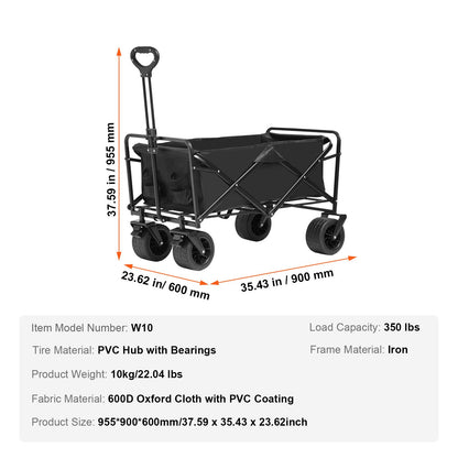 Collapsible Folding Wagon, 3 cu.ft Beach Wagon Cart with All-Terrain Wheels, Heavy Duty Folding Wagon Cart 350 lbs Weight Capacity with Drink Holders, Sports Wagon for Camping, Shopping, Garden