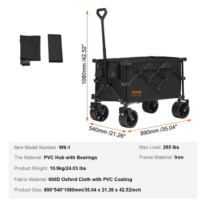 Collapsible Folding Wagon, 150 L Beach Wagon Cart with All-Terrain Wheels, Heavy Duty Folding Wagon Cart Max 265 lbs with Drink Holders, Sports Wagon for Camping, Shopping, Garden