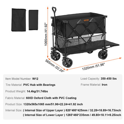 Foldable Double Decker Wagon, 400L Collapsible Wagon Cart with All-Terrain Wheels, Heavy Duty Folding Wagon Cart 350-450 lb Weight Capacity for Camping, Shopping, Garden, 52" Extra Long Extender