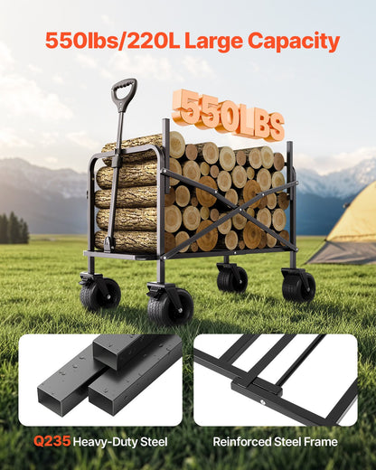 Collapsible Folding Wagon, 550lb Load & 220L, 2 in 1 Foldable Wagon Cart Converts to Bench, Utility Wagon with Adjustable Handle, Outdoor Cart for Groceries Shopping, Camping, Gardening