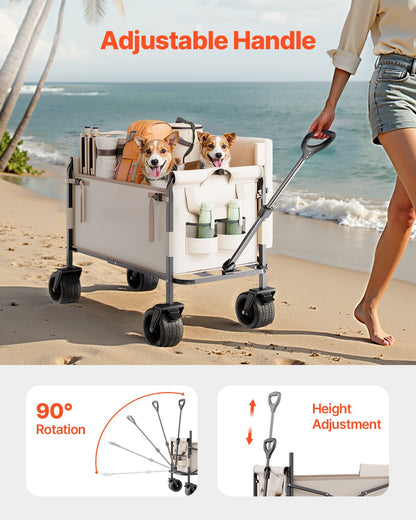 Collapsible Folding Wagon, 550lb Load & 220L, 2 in 1 Foldable Wagon Cart Converts to Bench, Utility Wagon with Adjustable Handle, Outdoor Cart for Groceries Shopping, Camping, Gardening