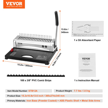 Binding Machine, Comb Binding Machine 21-Holes Binding 450 Sheets, Book Binder Machine with 100 PCS 9.53 mm Comb Binding Spines, for Letter Size, A4, A5