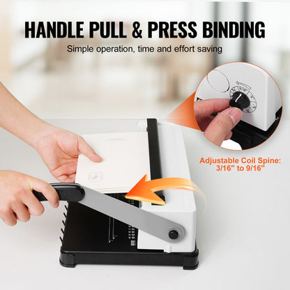 Coil Spiral Binding Machine, Manual Book Maker 34-Holes Binding 120 Sheets, Punch Binder Adjustable 4.76 mm - 14.29 mm Coil Binding Spines, for Letter Size, A4, A5.