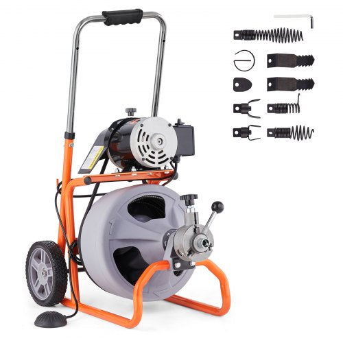 Drain Cleaner Machine 75FT x 3/8 Inch, Auto Feed Sewer Snake Drain Auger on Wheels, Portable Drain Cleaning Machine with 8 Cutters & Air-activated Foot Switch for 2" to 4" Pipes