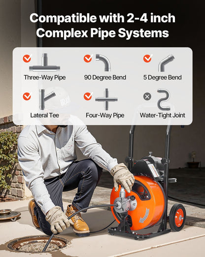 Avloppsrensningsmaskin Elektrisk avloppsskruv 50 FT x 3/8 tum Automatisk matning