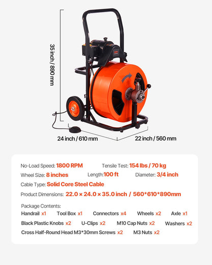 Avloppsrensningsmaskin Elektrisk avloppsskruv 30,5m x 19mm Automatisk matning