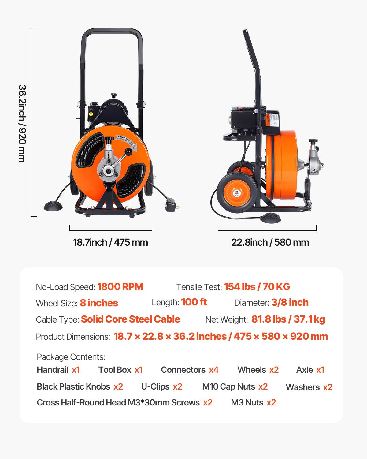 Drain Cleaner Machine Electric Drain Auger 100 FT x 3/8 In Auto Feed