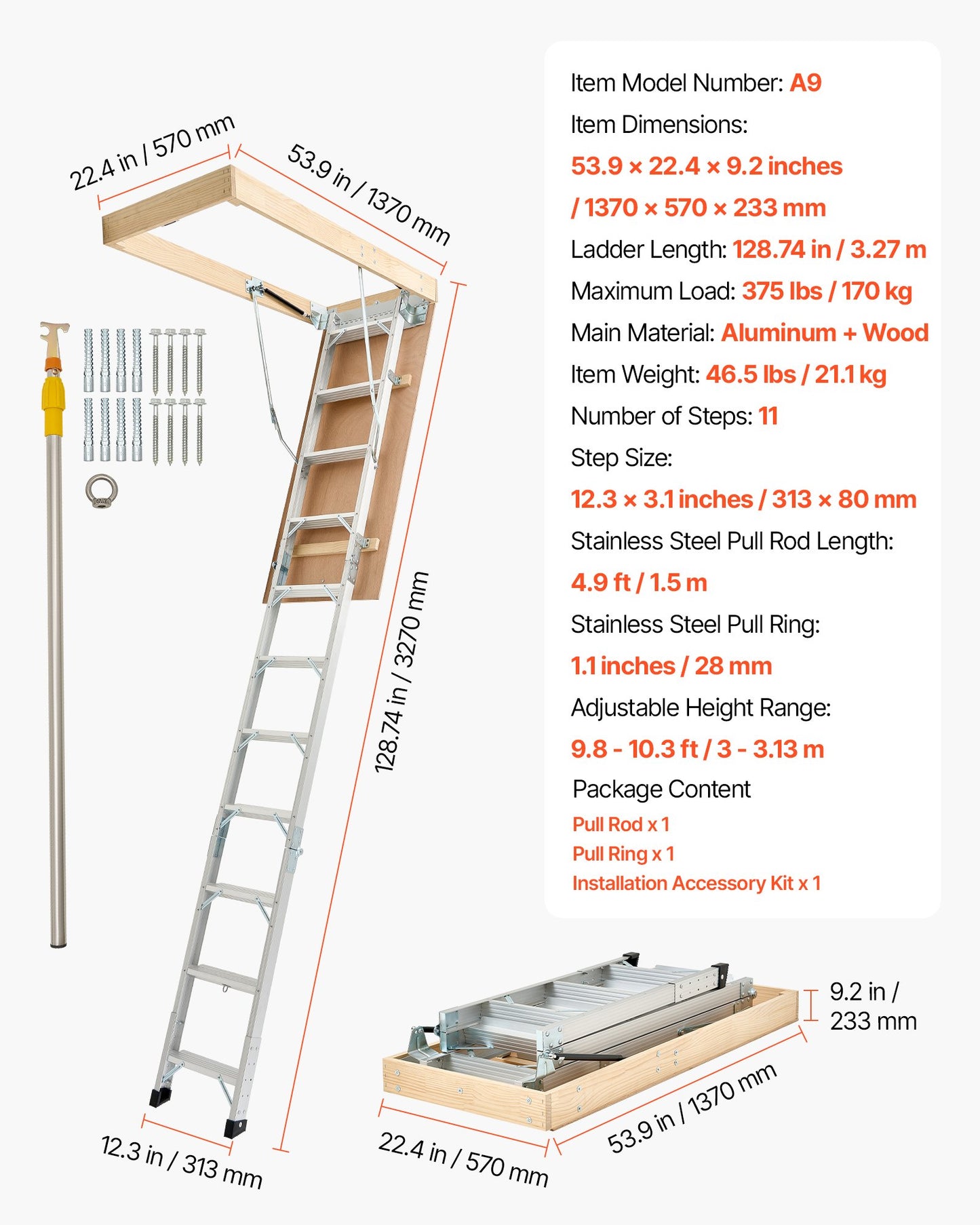 Attic Ladder, 375LBS / 170KG Capacity, 9.8 to 10.3 ft / 3 to 3.13 m Height Adjustable, Multi-Purpose Foldable Aluminium Attic Stairs, Fits 7.66 to 10.25 ft Ceiling Heights for Convenient Access