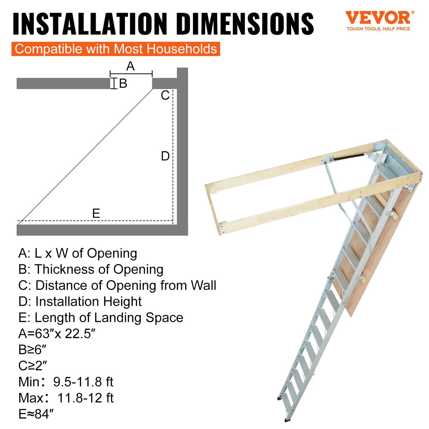 Attic Ladder Foldable, 158.8 kg Capacity, 57.15 cm x 160 cm, Multi-Purpose Aluminium Extension, Lightweight and Portable, Fits 2.9m-3.7m Ceiling Heights, Convenient Access to Your Attic Standard