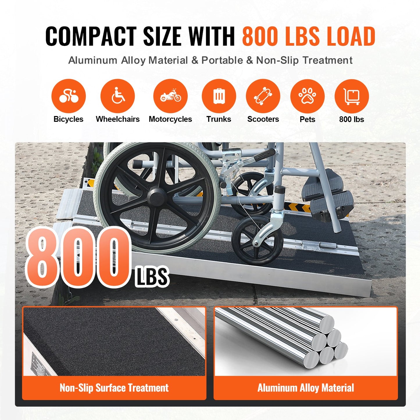 Portable Wheelchair Ramp, 91.4 cm 362.9 kg Capacity, Non-Slip Aluminum Folding Threshold Ramp, Foldable Mobility Scooter Ramp Wheel Chair Ramp, Handicap Ramp for Home Steps, Stairs, Doorways, Curbs