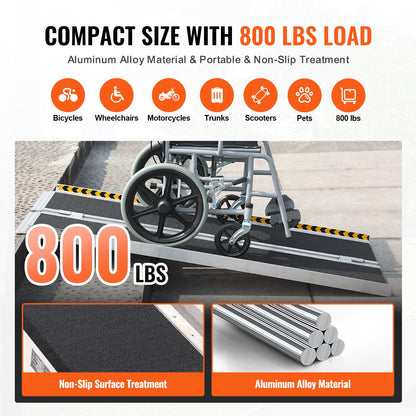 Bärbar rullstolsramp, 152 cm 363 kg kapacitet, halkfri hopfällbar tröskelramp i aluminium, hopfällbar scooterramp, rullstolsramp, handikappramp för hemtrappor, trappor, dörröppningar, trottoarkanter