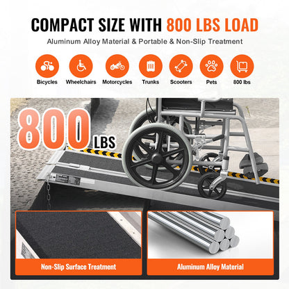 Portable Wheelchair Ramp, 182.9 cm 362.9 kg Capacity, Non-Slip Aluminum Folding Threshold Ramp, Foldable Mobility Scooter Ramp Wheel Chair Ramp, Handicap Ramp for Home Steps, Stairs, Doorways, Curbs