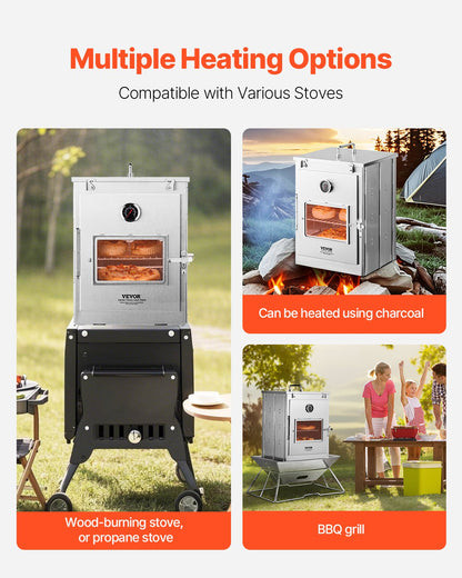 Foldable Camping Oven, Stainless Steel Portable Camping Stove, with 3 Tier Grill, Handle and Thermometer, Use with Wood Burning Fire, Propane Stoves, for Baking Bread, Pizza, Outdoor Cooking