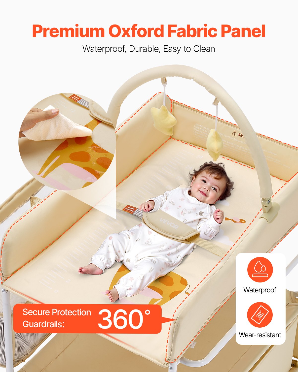 Skötbord, hopfällbar skötbordsstation med 2 tyglådor, sidokorg och hängstång, justerbart bärbart skötbord med låsbara hjul och 2 stjärnleksaker, ljusbeige