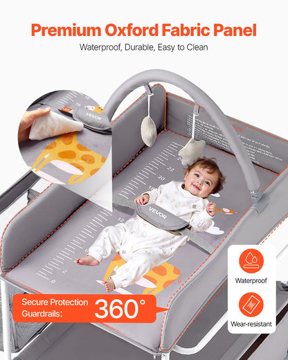 Skötbord, hopfällbar skötbordsstation med 2 tyglådor, sidokorg och hängstång, justerbar höjd, bärbart skötbord med låsbara hjul och 2 stjärnleksaker, ljusgrå