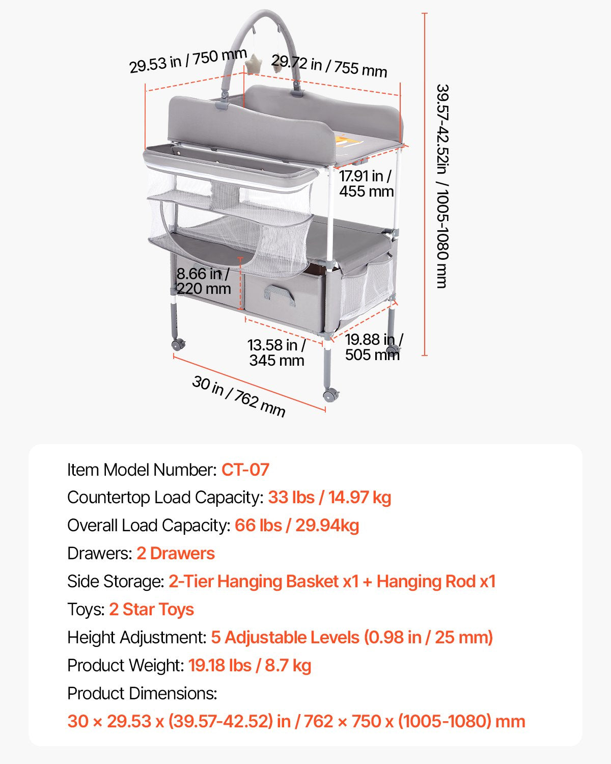 Skötbord, hopfällbar skötbordsstation med 2 tyglådor, sidokorg och hängstång, justerbar höjd, bärbart skötbord med låsbara hjul och 2 stjärnleksaker, ljusgrå