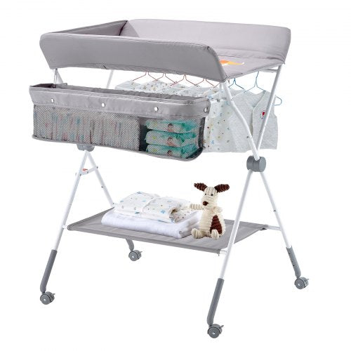 Baby Changing Table, Foldable Diaper Change Station with Side Basket, Adjustable Height Portable Changing Table with Lockable Wheels, Multi-Functional Storage Organizer Nursery, Light Gray