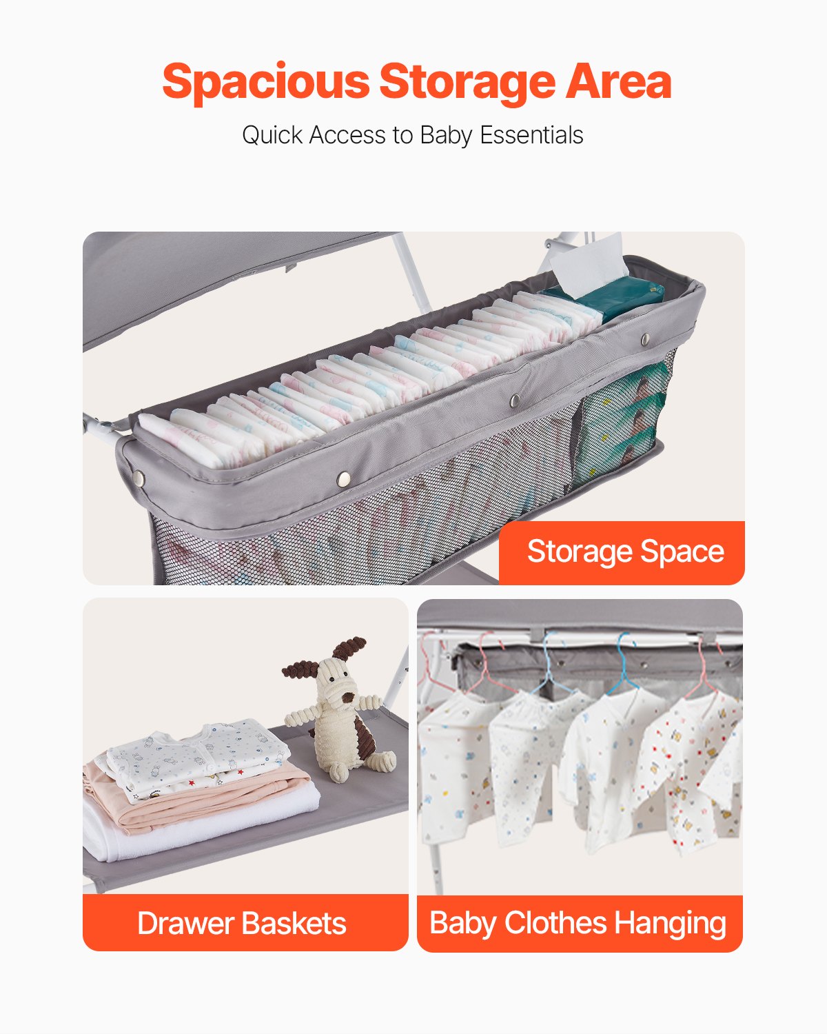 Skötbord, hopfällbar blöjbytesstation med sidokorg, justerbar höjd, bärbart skötbord med låsbara hjul, multifunktionell förvaringsorganisatör för barnrum, ljusgrå